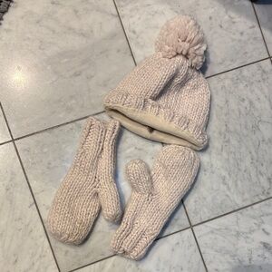 Cozy Cream Knit Hat and Mittens , fleece lined.